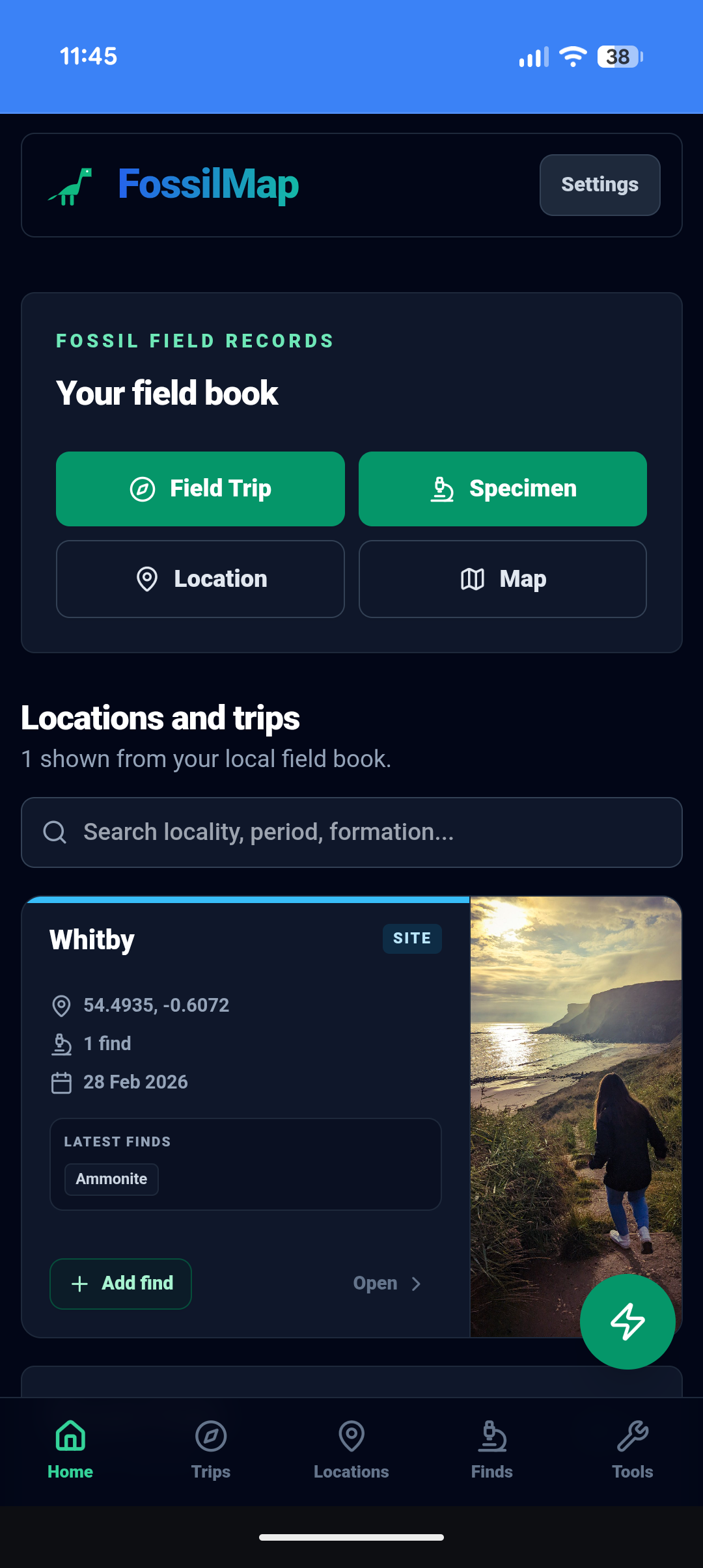 FossilMap home dashboard on a mobile phone